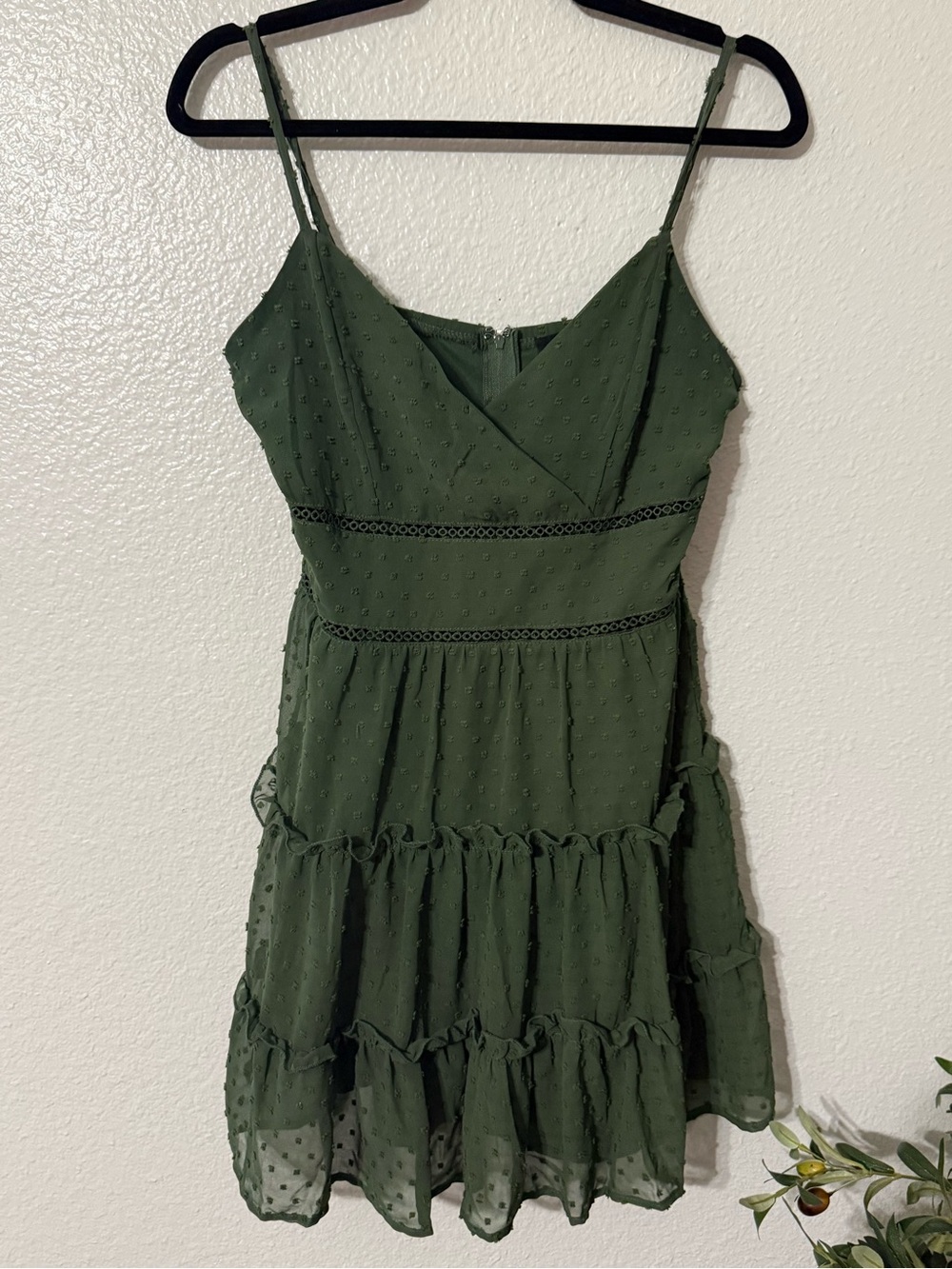Trixxi Olive Green Swiss Dot Tiered Mini Dress Size Medium